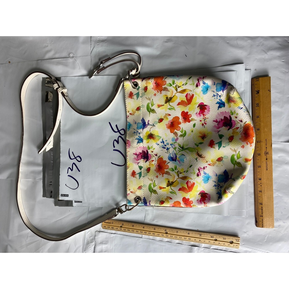 White Floral Print Shoulder Bag Purse Leatherette Adjustable Strap